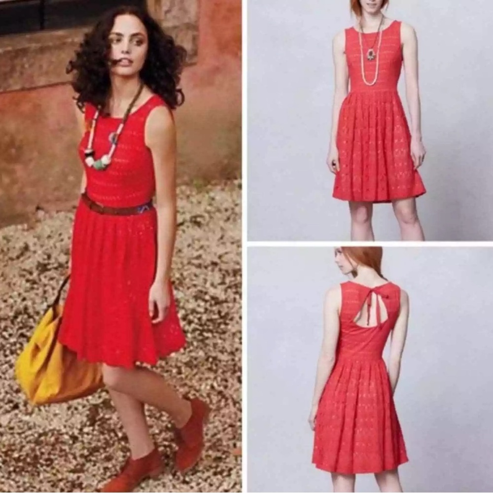 Anthropologie Postmark Dress Sunstream Eyelet Red Boho Cutout Women's size Small